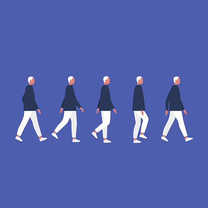 Walking male character. Animation set. Flat editable vector illustration, clip art.