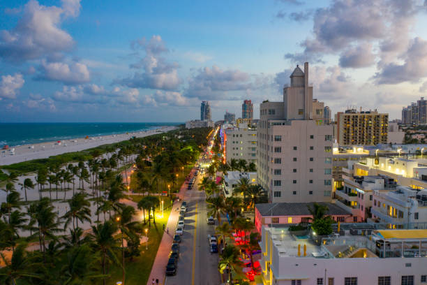 istock Aerial Miami Beach view down ocean drive 1176675587