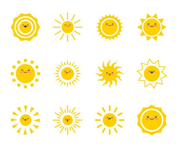 illustrazioni stock, clip art, cartoni animati e icone di tendenza di felice divertente sole sorridente. carino viso per bambini con il sole. - emoticon illustrazioni