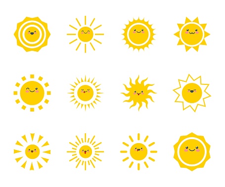 Happy funny smiley sun. Cute sunshine kids face. Summer cartoon smile sunny character. Happy yellow sticker