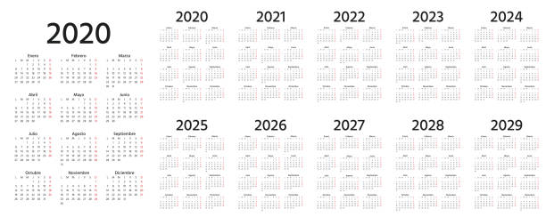 2020 Spanish Calendar. Vector illustration. Template year planner. Calendar Spanish 2020, 2021, 2022, 2023, 2024, 2025, 2026, 2027, 2028, 2029 years. Vector. Week starts Monday. Stationery calender template. Yearly organizer in minimal design. Portrait orientation. 2026 2021 stock illustrations