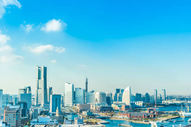 city skyline aerial day view in Yokohama, Japan Asia business concept for real estate and corporate construction - panoramic modern city skyline aerial view under blue sky in Yokohama, Japan kanagawa prefecture photos stock pictures, royalty-free photos & images
