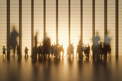 Group of people against modern glass facade. This is entirely 3D generated image.