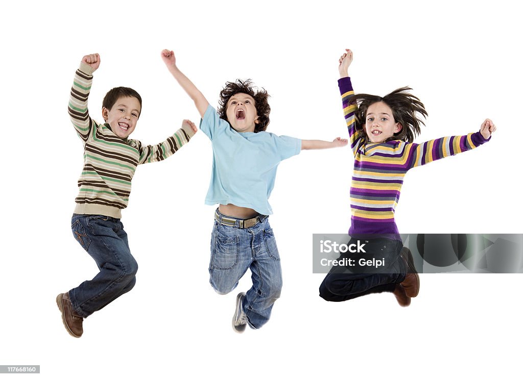 Three happy children jumping at once  Child Stock Photo