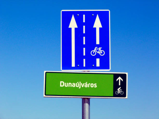 istock colorful bicycle lane traffic sign in perspective view 1176684115