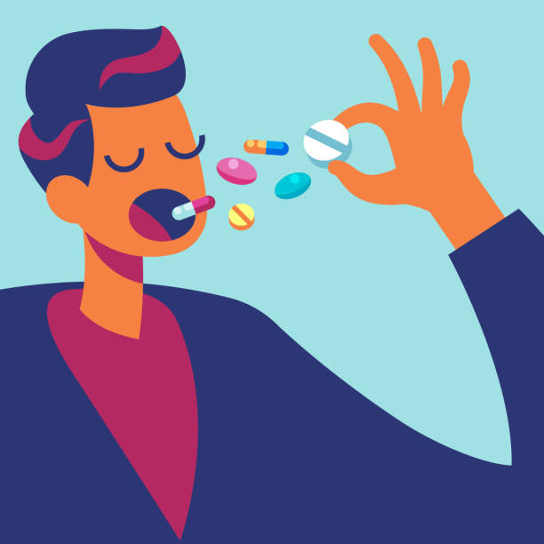 Pills In Mouth Man Eating Many Drugs Hand With Overdose Of Medicine Drug  Addiction Treatment And Pharmacology Vector Concept Stock Illustration -  Download Image Now - iStock