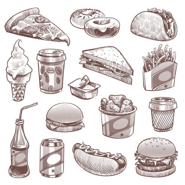 ilustrações de stock, clip art, desenhos animados e ícones de fast food sketch. pizza, donuts and ice cream, french fries and hamburger, cola and hot dog, coffee and cheeseburger vector doodle set - food meat doodle dairy product