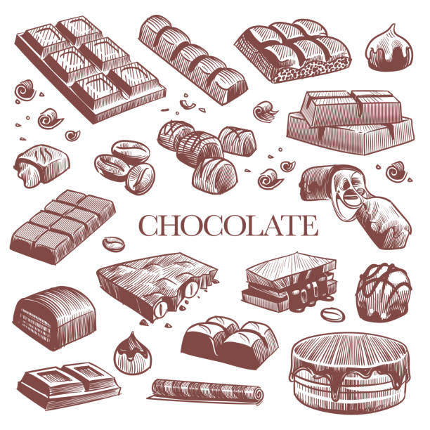 kroki çikolatası. oyma siyah çikolata, trüf tatlılar ve kahve çekirdekleri. vintage el çizilmiş izole vektör seti - karamel illüstrasyonlar stock illustrations
