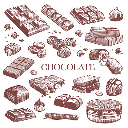 Sketch chocolate. Engraving black chocolate bars, truffle sweets and coffee beans. Vintage hand drawn isolated engraved dessert vector set