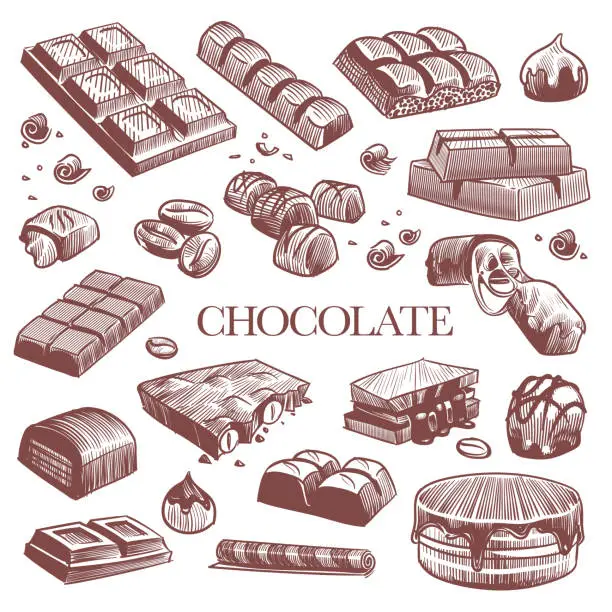 Vector illustration of Sketch chocolate. Engraving black chocolate bars, truffle sweets and coffee beans. Vintage hand drawn isolated vector set