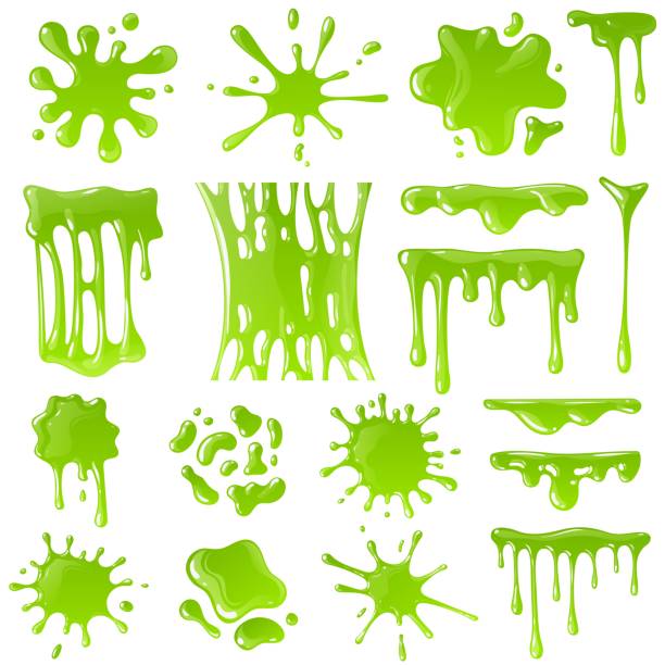 grüner schleim. goo blob spritzer, giftigtropfender schleim. schleimige splodge und tropfen, flüssige ränder. cartoon isoliertvektor-set - glitschig stock-grafiken, -clipart, -cartoons und -symbole