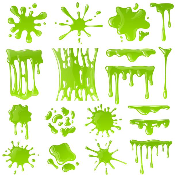 ilustrações, clipart, desenhos animados e ícones de lodo verde. goo blob espirra, tóxico gotejamento muco. slimy splodge e gotas, bordas líquidas. jogo isolado desenhos animados do vetor - espirro de tinta