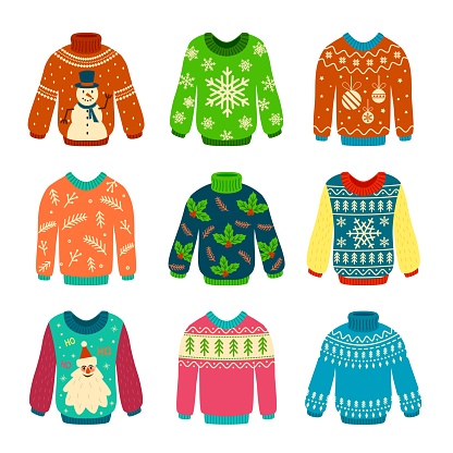 Ugly sweater. Knitted jumpers with christmas patterns, snowman and santa claus. Xmas scrapbook elements vector holiday winter cute set