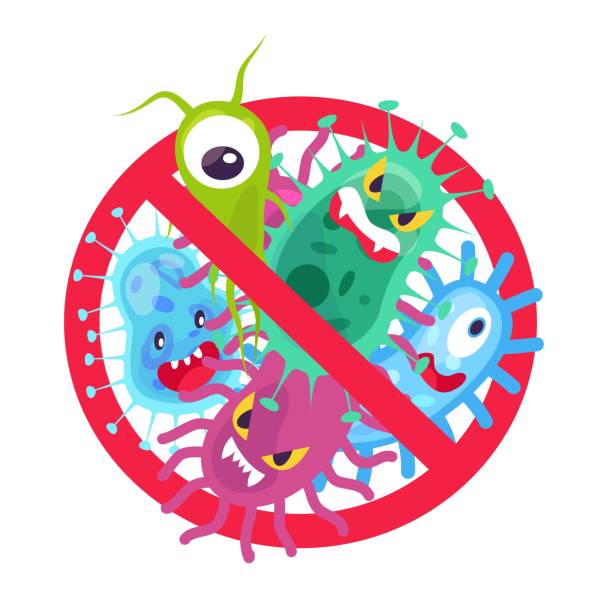 항균 기호입니다. 바이러스 감염 및 미생물 박테리아 제어, 유머 만화 보호 기호 정지 벡터 아이콘 - pathogen stock illustrations