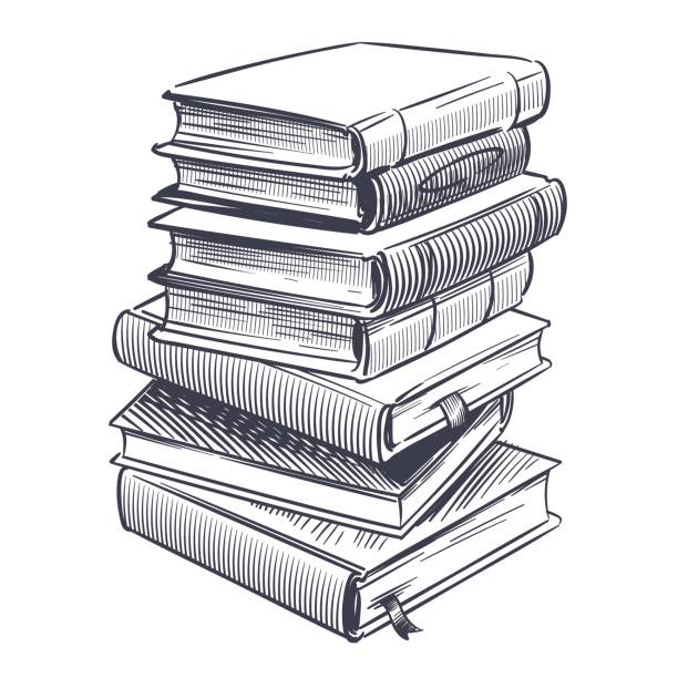 ilustrações de stock, clip art, desenhos animados e ícones de stack of books sketch. drawings engrave pile of old vintage dictionary and study research book vector illustration - library bookshelf book education