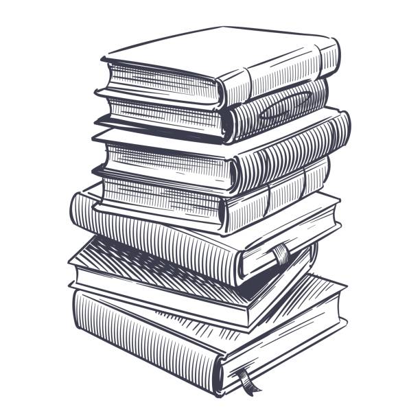 Stack of books sketch. Drawings engrave pile of old vintage dictionary and study research book vector doodle education stacked library literature illustration