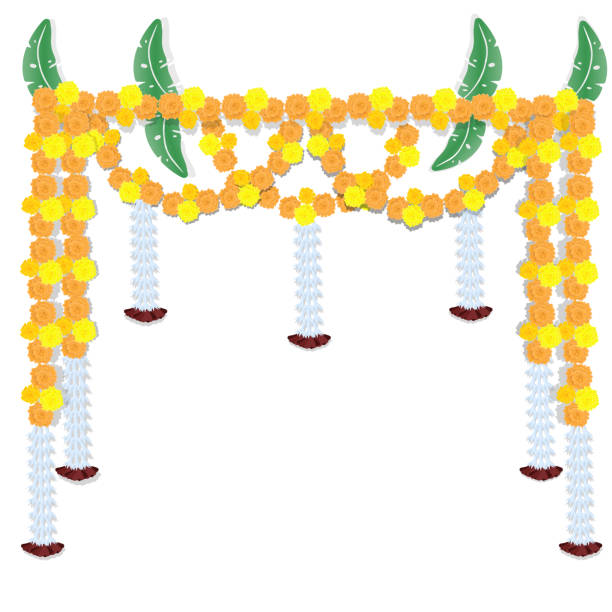 istock Garlands of marigolds hanging down  isolated on a white background. A border of flowers. Vector graphics. 1176687794