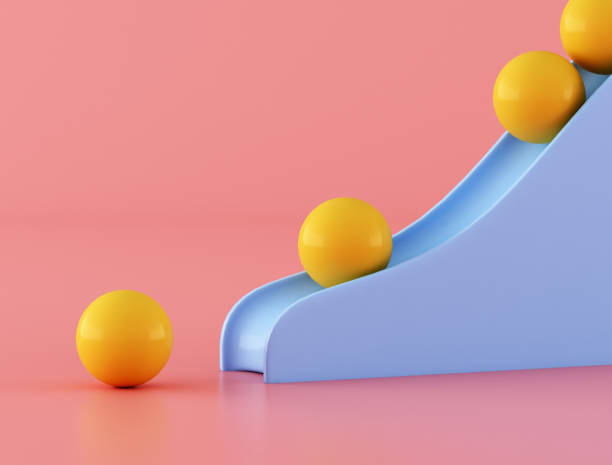 istock Yellow ball falling from the blue rectangle on pink background,Minimal style. 3D rendering 1176689164