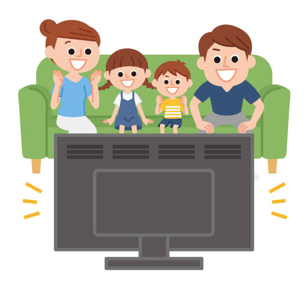 Parent and child watching TV Parent and child cheering while watching TV kids watching tv stock illustrations