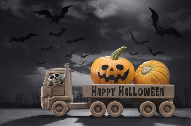 istock Halloween design - two pumpkins. Horror background with autumn valley with forests, spooky tree and skeleton. Place for your Halloween holiday text. 1176693060