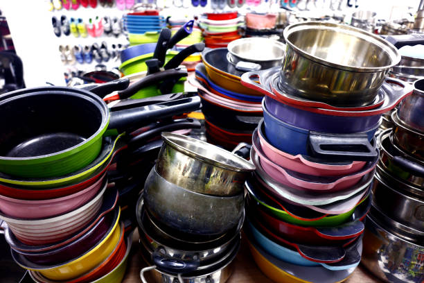istock Assorted colorful ceramic and steel cooking pans 1176695445