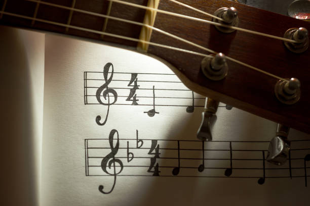 istock Music notes and ukulele in morning light. 1176700181