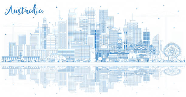 illustrazioni stock, clip art, cartoni animati e icone di tendenza di delinea lo skyline di australia city con edifici blu e riflessi. - melbourne australia skyline city