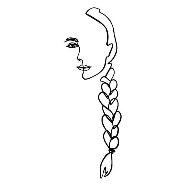 One Line Woman's Face and hair Braid. Continuous line Portrait of a girl In a Minimalist Style. Vector Illustration One Line Woman's Face and hair Braid. Continuous line Portrait of a girl In a Minimalist Style. Vector Illustration female. For printing on t-shirt, Web Design, beauty Salons, Posters and other things braided hair stock illustrations