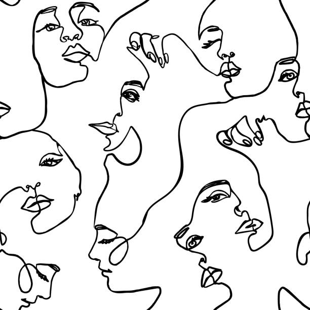 연속 라인 얼굴 여성 원활한 패턴 - 벡터 끝없는 배경 패션 여성 초상화 한 줄 - 패션 일러스트 stock illustrations