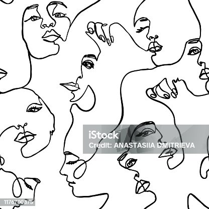 istock Continuous line face women seamless pattern - Vector Endless Background Fashion Female Portrait one line 1176700875