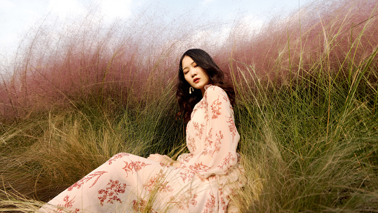 Portrait of a beautiful Chinese young woman in pink dress sitting in pink hairawn muhly field, wholly engrossed by her own feelings, vintage mode, wide lens.