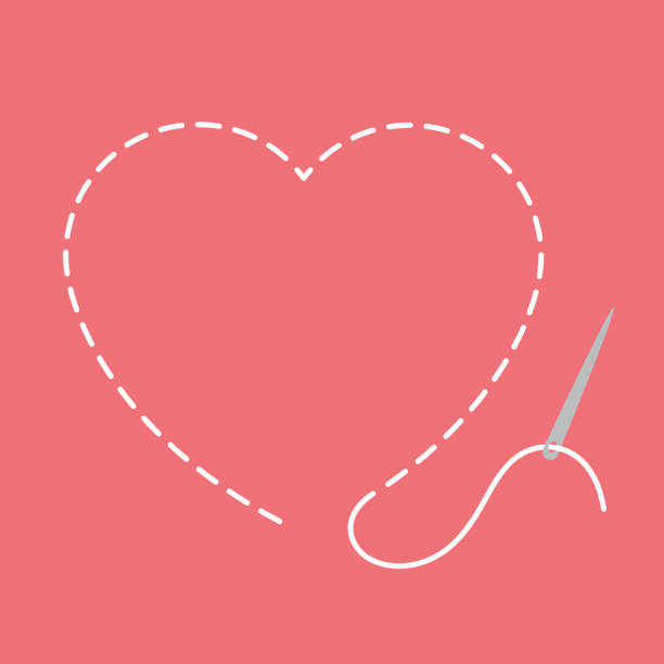 Heart shaped with needle and white thread on pink background. Heart shaped with needle and white thread on pink background. Perfect for Valentine's day. Stitch stock illustrations