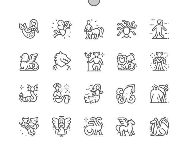 illustrations, cliparts, dessins animés et icônes de créatures mythiques bien conçu pixel perfect vector thin line icons 30 2x grille pour les graphiques web et les applications. pictogramme minimal simple - mythological character
