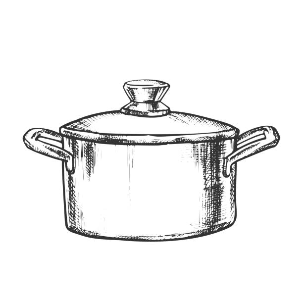 ilustrações de stock, clip art, desenhos animados e ícones de pot stainless cooking kitchenware vintage vector - boiling water