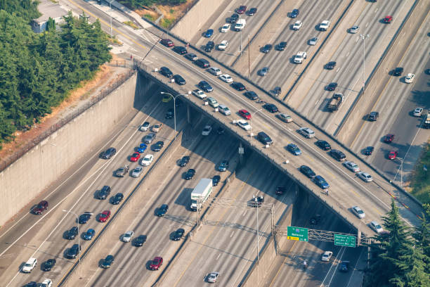 istock Heavy traffic on the interstate, overhead aerial view 1176707494
