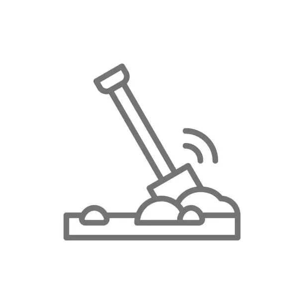 Vector illustration of Shovel in the ground, soil line icon.