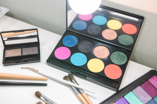 istock Beauty tools palettes collection. Brush on white table 1176709049