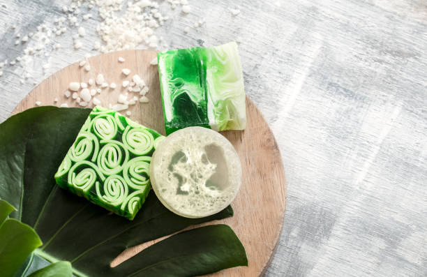 istock Flat-lay natural bright beautiful cosmetics handmade soap. 1176712392