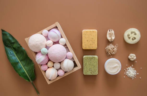 istock Spa composition with body care items on a colored background 1176712566