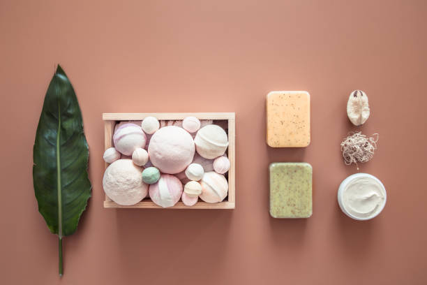 istock Spa composition with body care items on a colored background. 1176712583