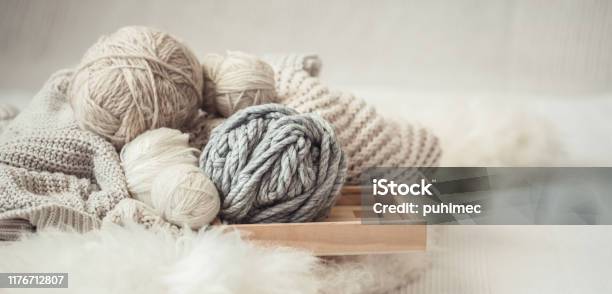 Cozy Background Wallpaper With The Yarn For Knitting Stock Photo - Download Image Now