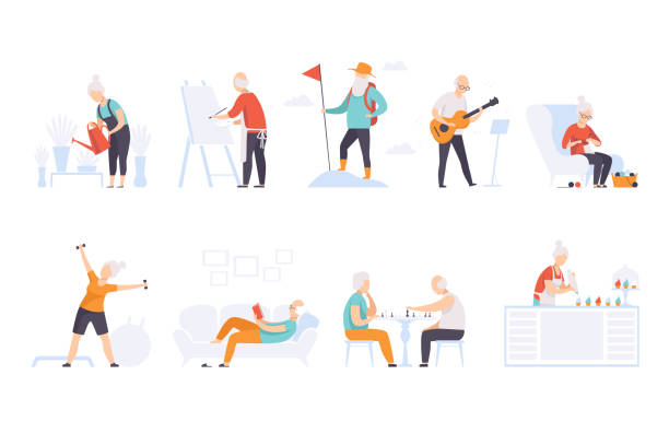 Elderly people enjoying various hobbies, senior men and women leading an active lifestyle social concept vector Illustration on a white background Elderly people enjoying various hobbies, senior men and women leading an active lifestyle social concept vector Illustration isolated on a white background. senior adult illustrations stock illustrations