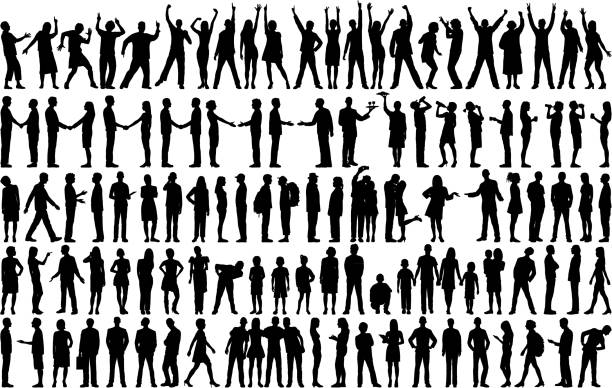 ilustrações de stock, clip art, desenhos animados e ícones de highly detailed people silhouettes - people in a row people business isolated