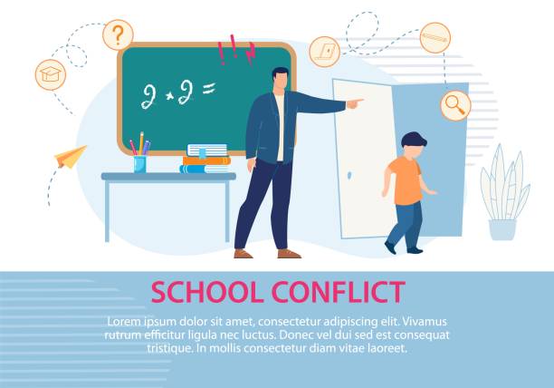 Education School Conflict Situation Text Poster Education and School Conflict. Disruptive Classroom Situation between Teacher and Schoolboy. Poster. Negative Atmosphere, Trouble, Problem. Schoolmaster Excluding Guilty Sad Boy. Vector Illustration school exclusion stock illustrations