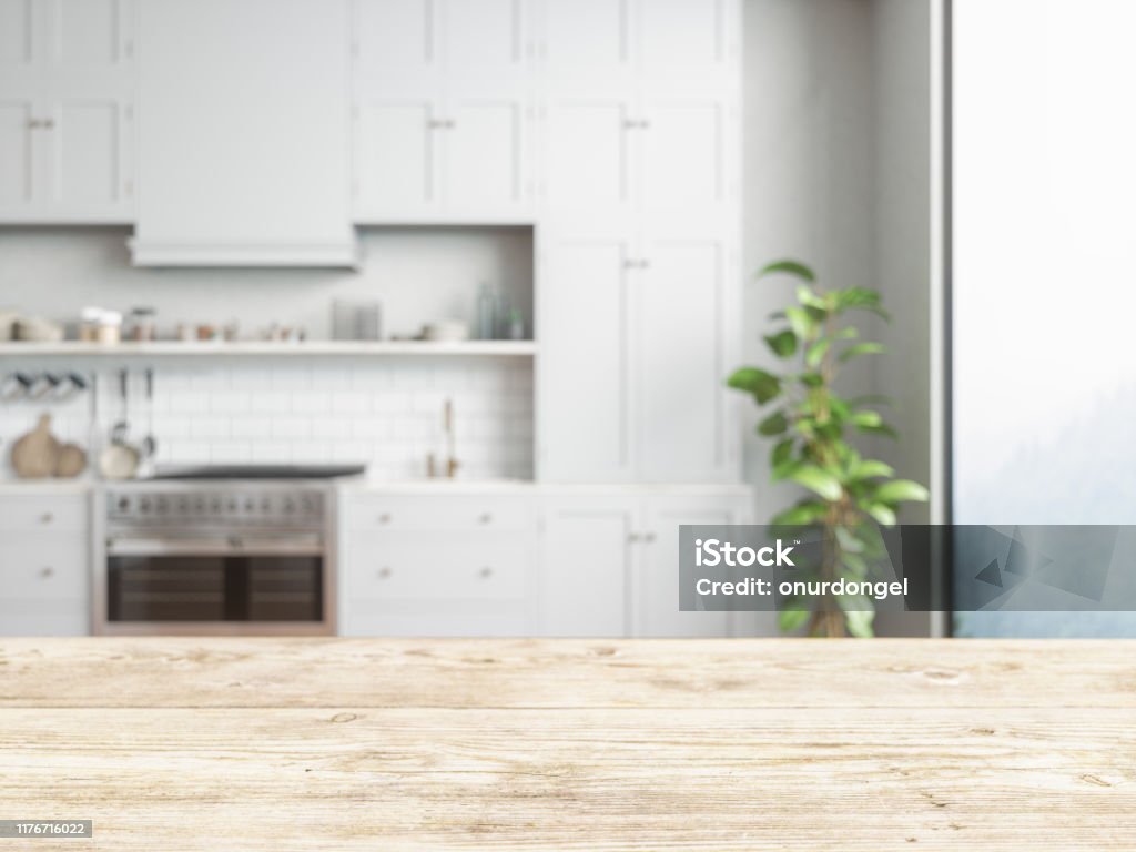 Wood empty surface and kitchen as background Kitchen Stock Photo