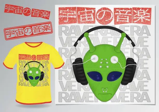 Vector illustration of print pattern with demonstration on a yellow men's t-shirt. green alien head in large headphones on the background of the inscription RAVE with gradient. Japanese characters 