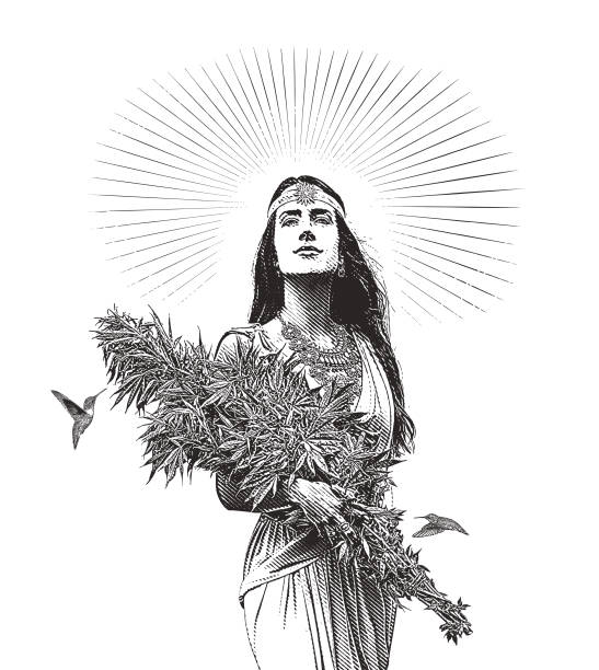 持有大麻植物花束的婦女 - 女神 插圖 幅插畫檔、美工圖案、卡通及圖標