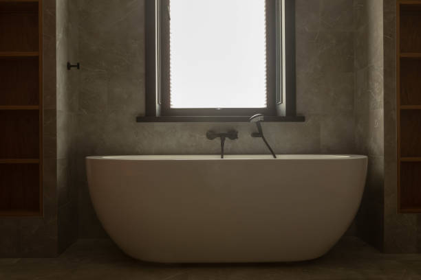 Modern bright bathroom interiors 3D rendering illustration