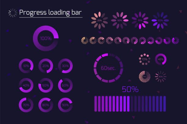 ilustrações de stock, clip art, desenhos animados e ícones de futuristic progress loading bar icons. set of indicators. download process, web ui design interface upload. vector illustration. - application software push button interface icons icon set