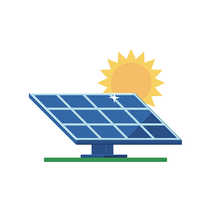 Solar panel and sun on a white background. Alternative green energy concept. Vector illustration in flat style.